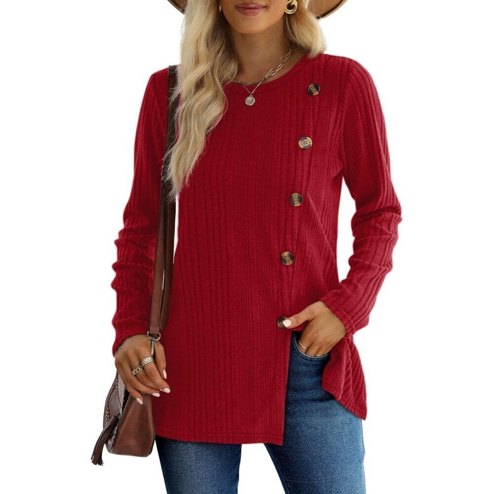 Women’s Long Sleeve Tunic Top Polyester Spandex Button Front Slit